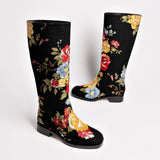 Larroudé x Markarian Flat Boot In Black Wool and Floral Embroidery