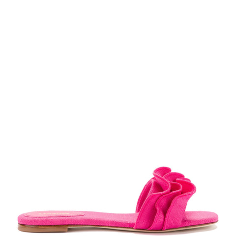 Ivy Ruffle Flat Mule In Pink Raffia