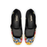 Larroudé x Markarian Flat In Black Wool and Floral Embroidery