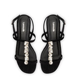 Calypso Flat Sandal In Black Fabric and Crystals