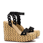 Florence Broderie Wedge In Beige and Black Raffia