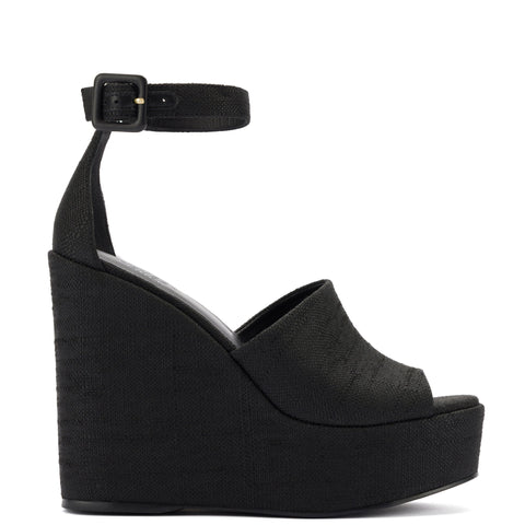 Larroudé x Jennifer Fisher Wedge Sandal In Black Raffia