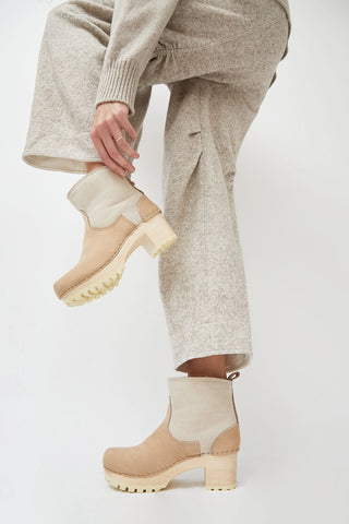 No.6 5" Pull On Shearling Clog Boot on Mid Tread in Bone Suede on White Base